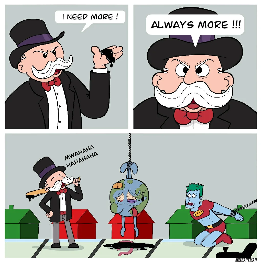 A mustached man in a top hat demands more money, then celebrates as Earth hangs like a prize while a blue superhero is chained nearby.