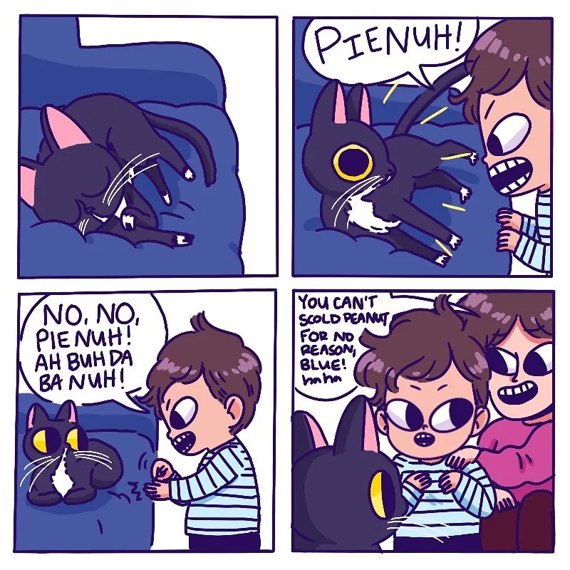 Four-panel Blueberry Boy comic: a child scolds a black cat named Peanut, then comforts it while his mother watches.