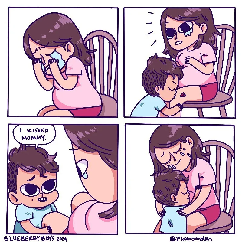 Blueberry Boy kisses his pregnant mother's belly, tells her he kissed Mommy, and she embraces him from her chair.