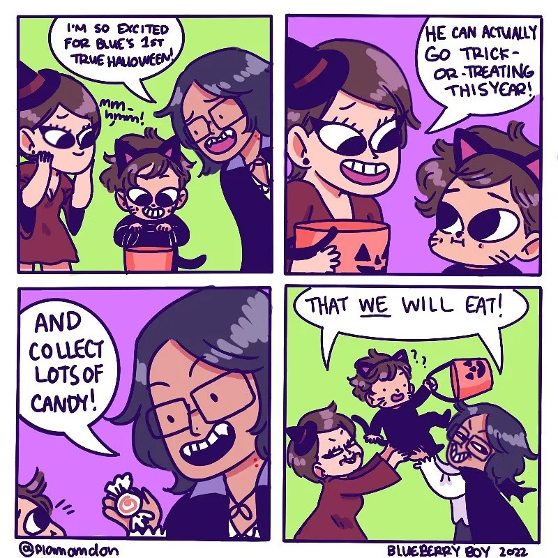 Blueberry Boy in a Halloween costume is surrounded by family members planning trick-or-treating, then the family playfully threatens to eat him.