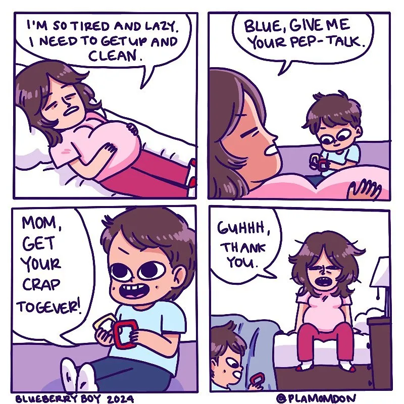 A tired mother asks her young son for a pep talk, and he bluntly tells her to get her crap together.
