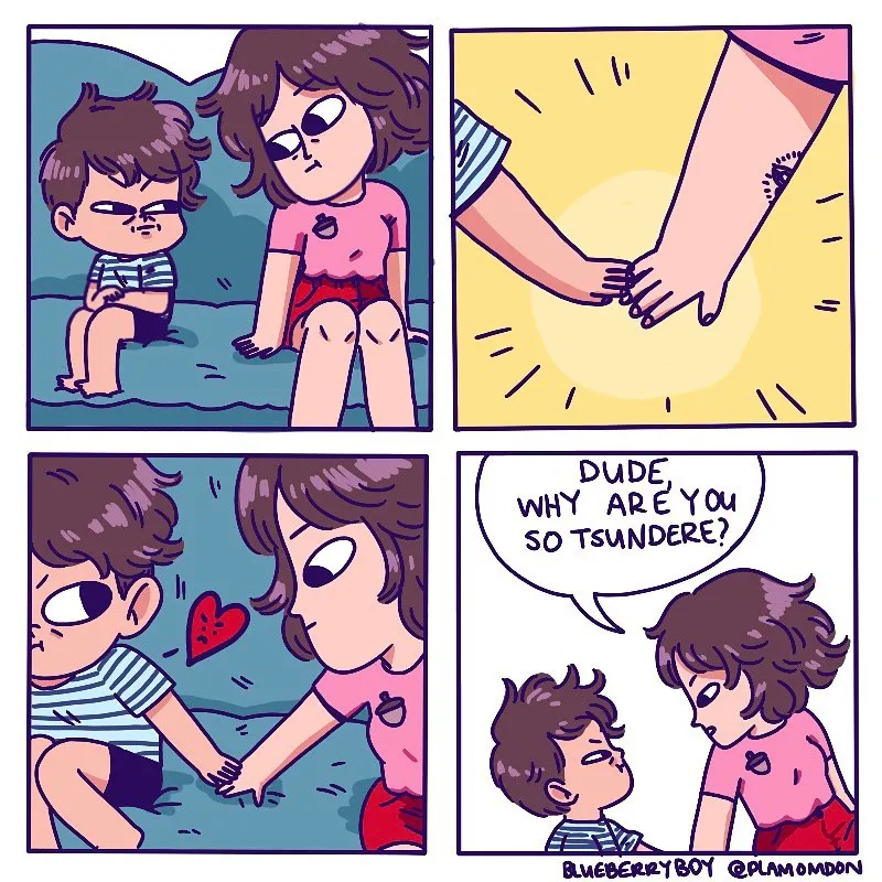 A boy and a girl sit together on a couch, hold hands, and blush before she asks why he is so tsundere.