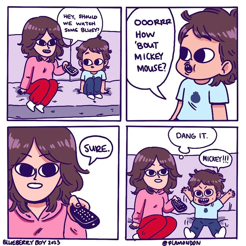 A mother asks her son whether they should watch Bluey, but he insists on watching Mickey Mouse instead.