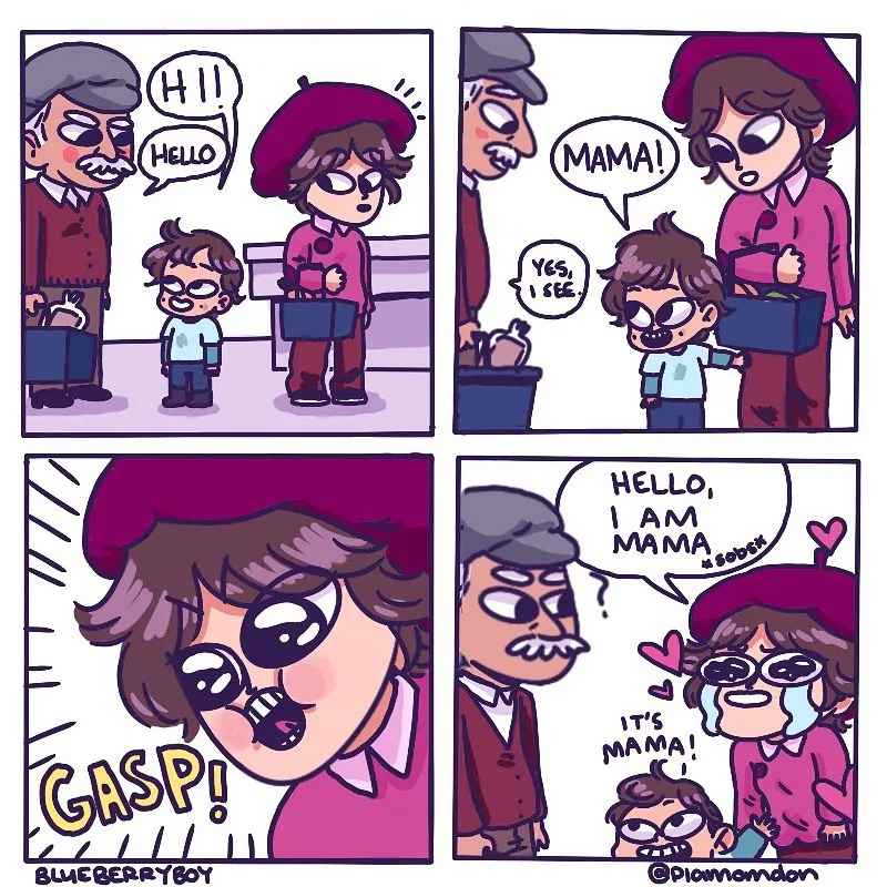 A child greets an older man and a woman in a beret, then excitedly calls the woman Mama as she responds tearfully.