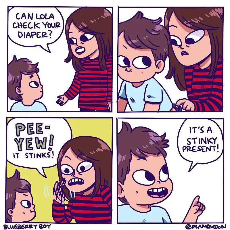A boy is asked to check a baby's diaper, recoils from the smell, and calls it a stinky present.