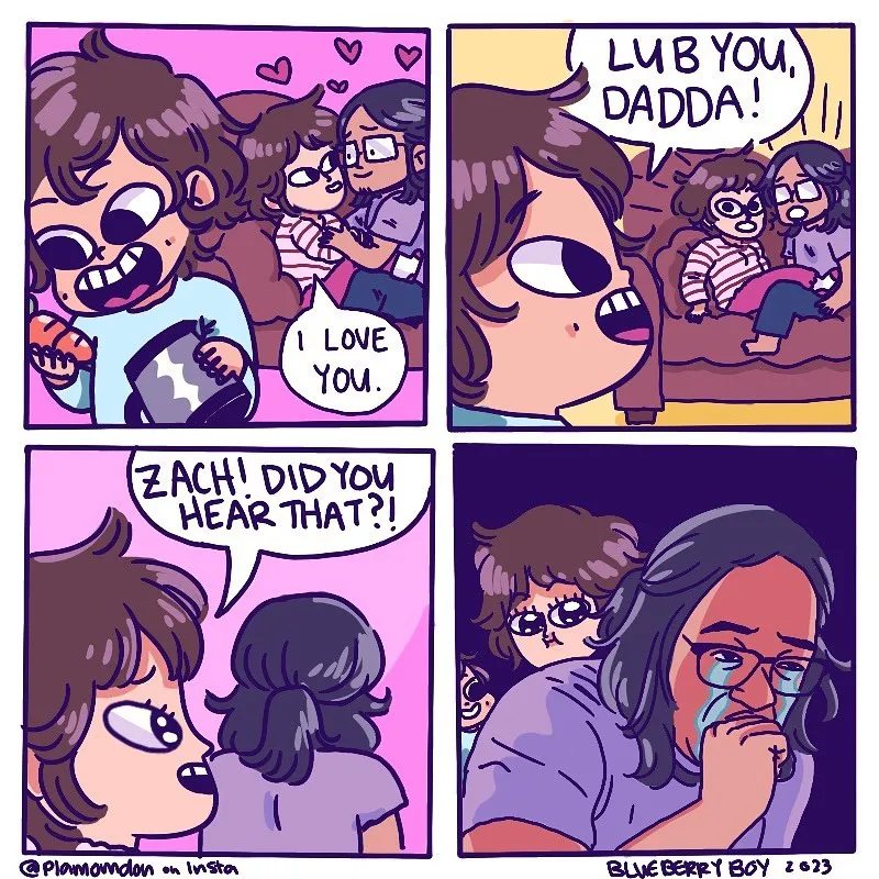 A child says he loves his father while the family watches, prompting an emotional reaction from a parent wearing glasses.