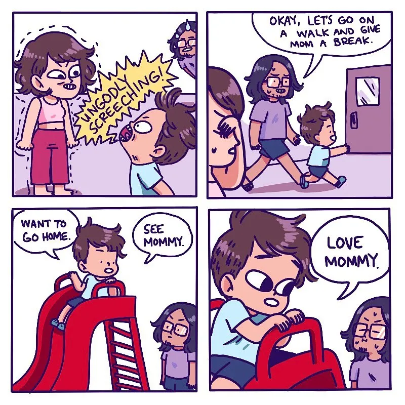 A child makes an exaggerated screech while his mother reacts, then another parent takes him outside for a walk to give Mom a break.