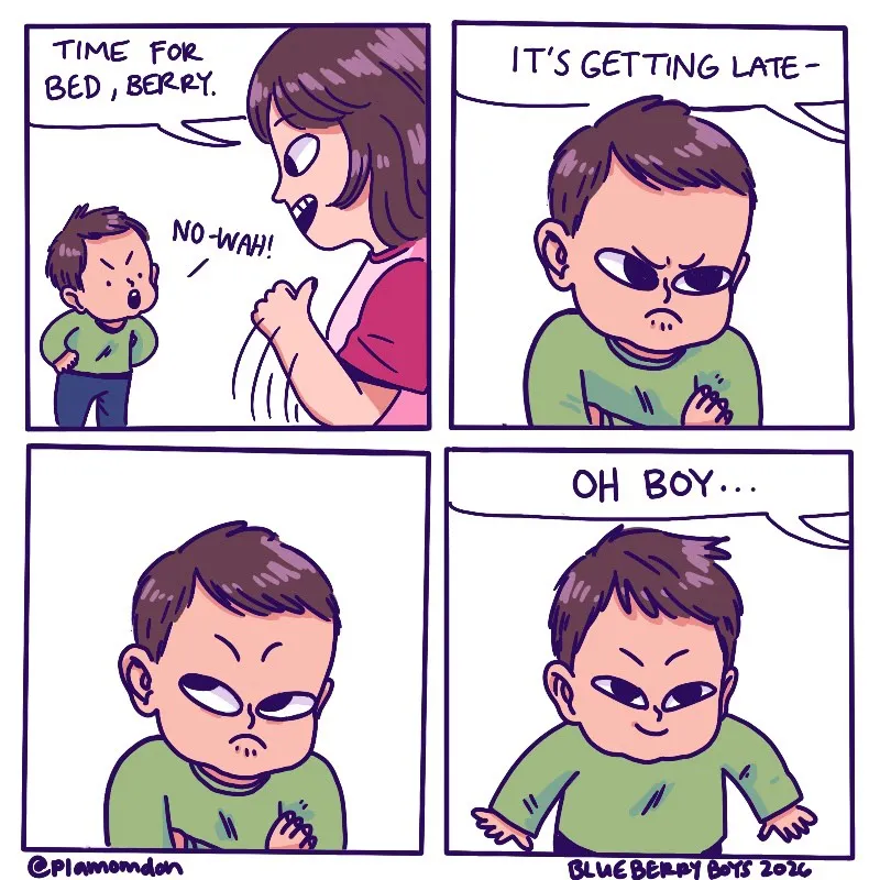 A child angrily refuses bedtime, then stares forward with a mischievous smile as his expression turns unexpectedly menacing.