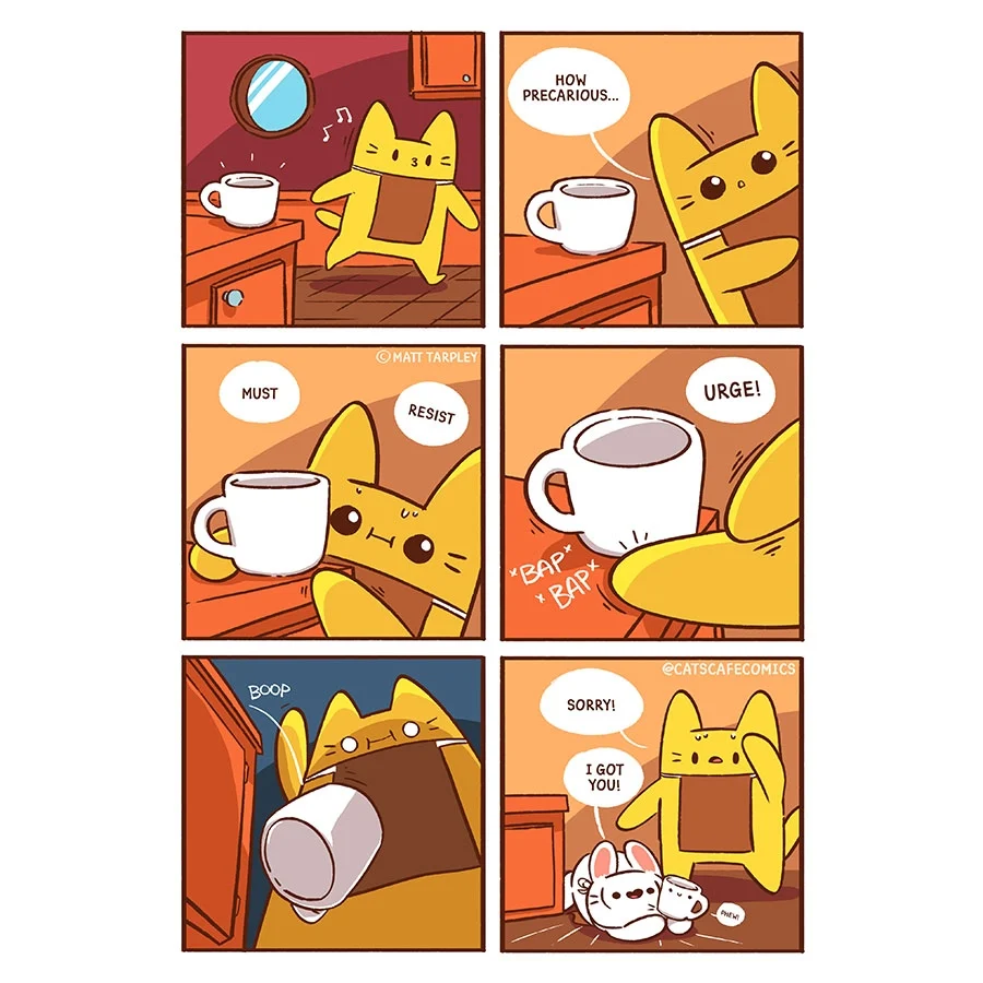 A yellow cat reaches for a coffee cup, accidentally knocks it over, then apologizes to a small white rabbit holding cups.