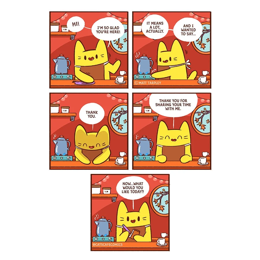 A smiling yellow cat welcomes a visitor at a café counter, thanks them for their time, and asks what they would like today.