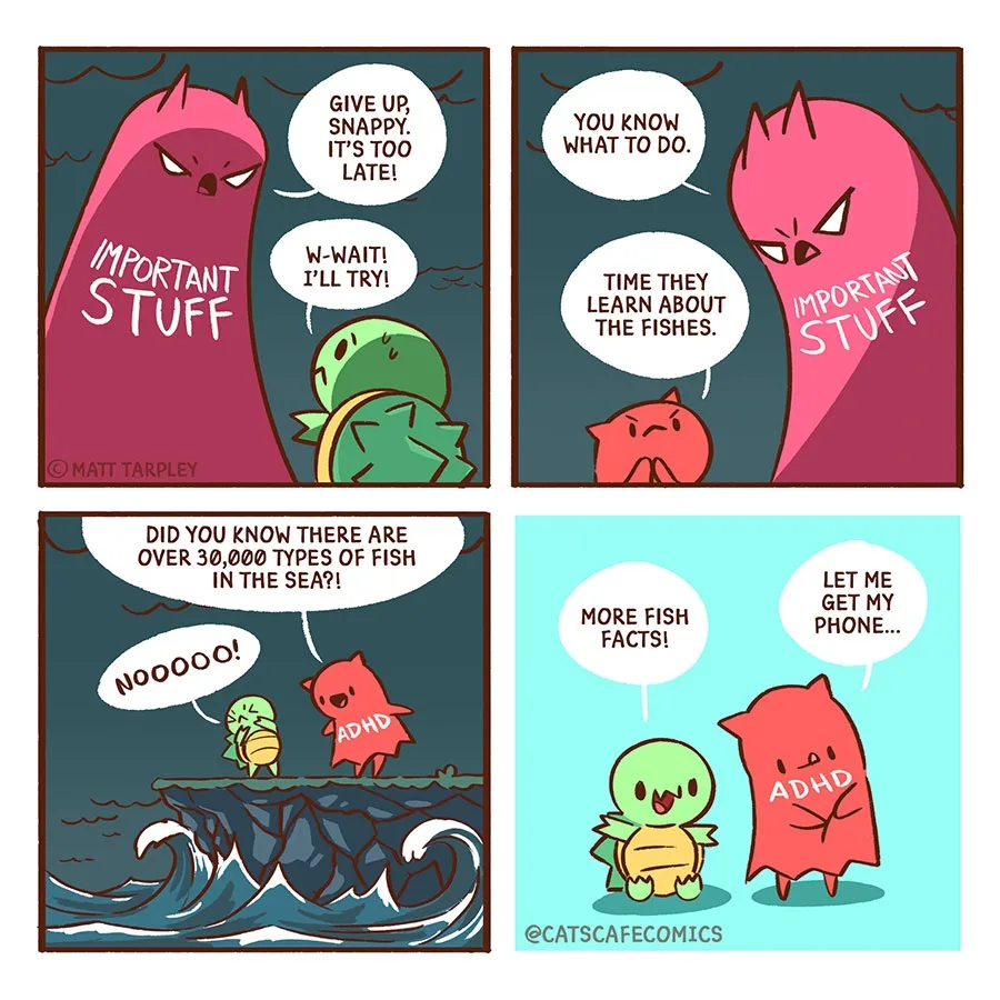 A tall pink character labeled Important Stuff warns a small green character before launching into a dramatic fact about fish.