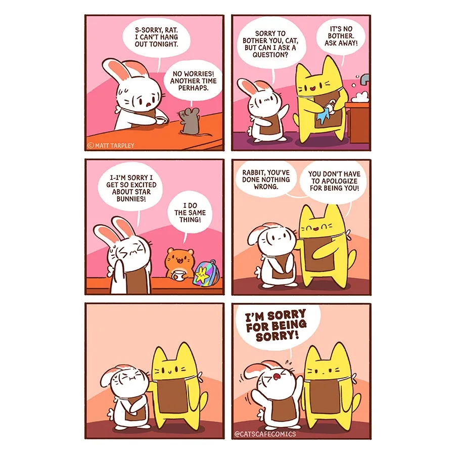 A worried white rabbit apologizes for canceling plans, while a yellow cat reassures them that they did nothing wrong.