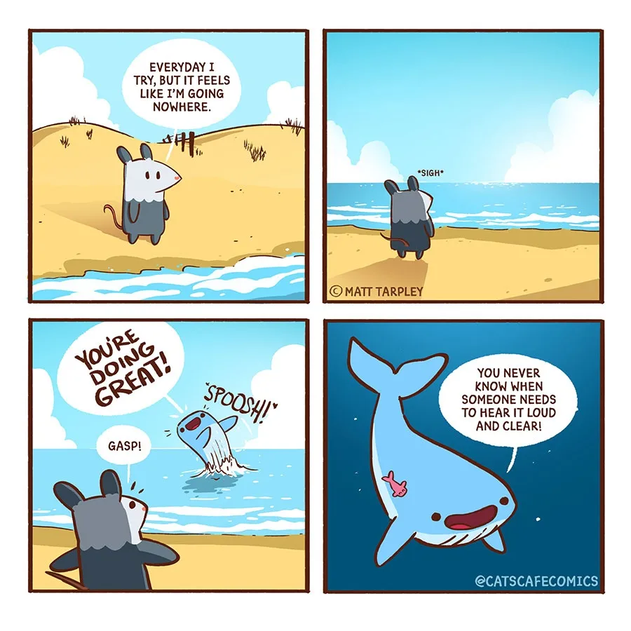 A small gray mouse looks out at the sea feeling stuck until a cheerful whale surfaces and tells the mouse it is doing great.