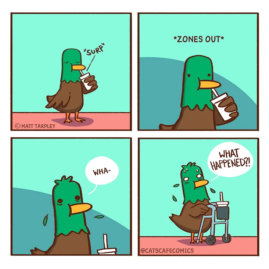A green-headed, brown-bodied bird sips from a cup, zones out, then reappears sweating and confused while using a walker.