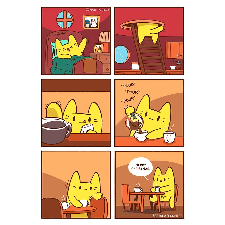 A yellow cat wakes up, climbs to prepare coffee, pours a steaming cup, and quietly wishes the viewer Merry Christmas.