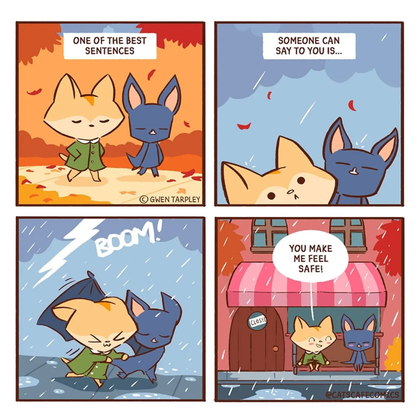 A fox and a blue animal sit together under a shop awning as rain falls, and the fox says the other character makes them feel safe.