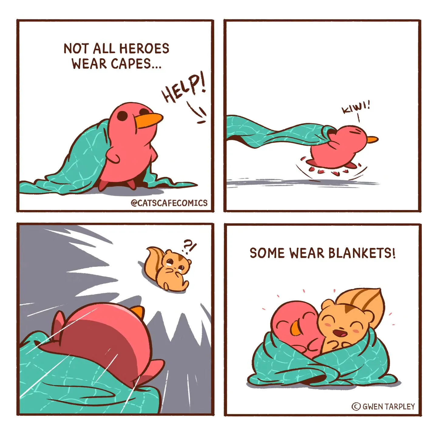 A pink bird wearing a turquoise blanket as a cape rushes toward a startled small orange animal, and the two end up bundled together.