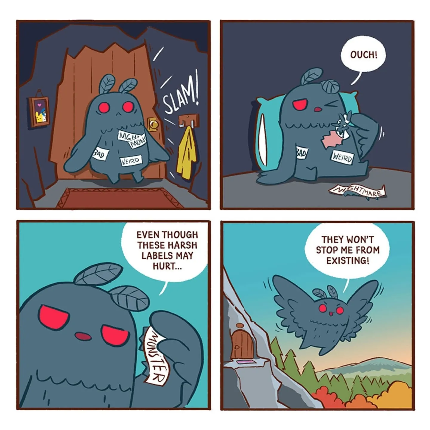 A dark blue creature covered with harsh labels removes a label from its body and declares that the words will not stop it from existing.