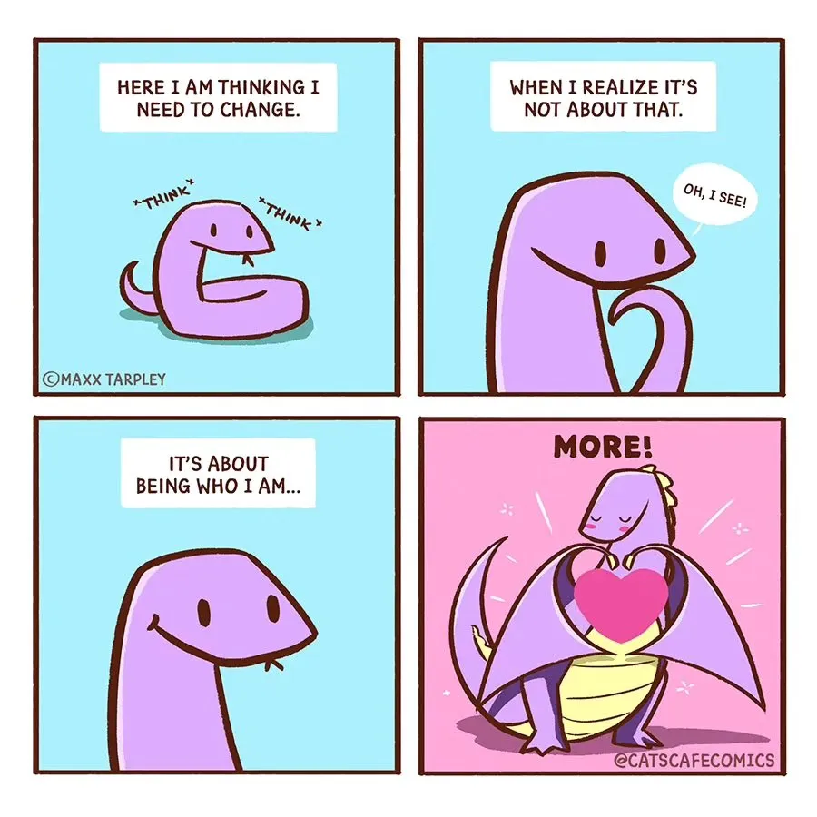 A purple creature thinks it needs to change, realizes the issue is being itself, then opens its wings around a bright pink heart.