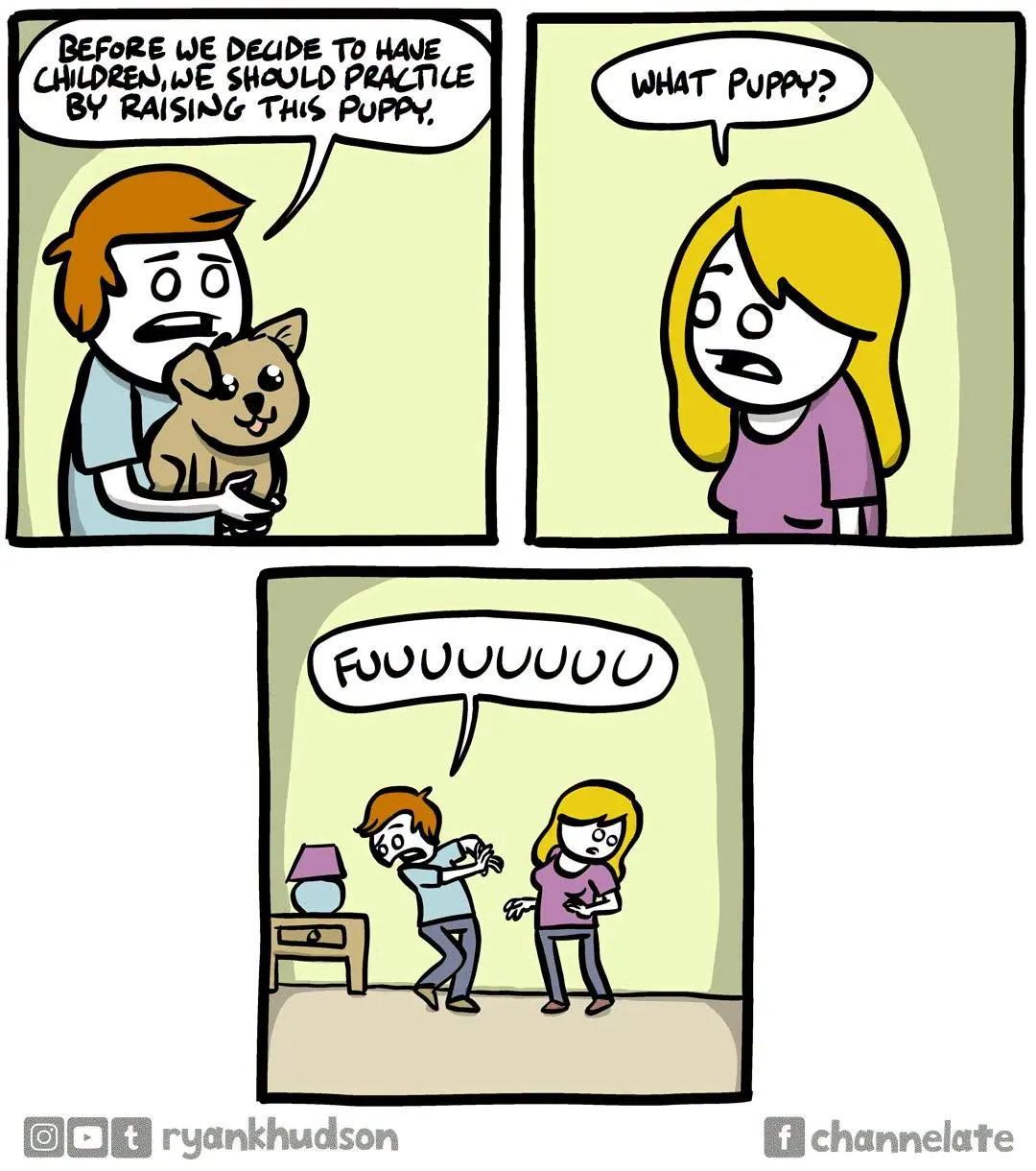 A man suggests raising a puppy before having children, while his partner reacts to the puppy-related reveal.