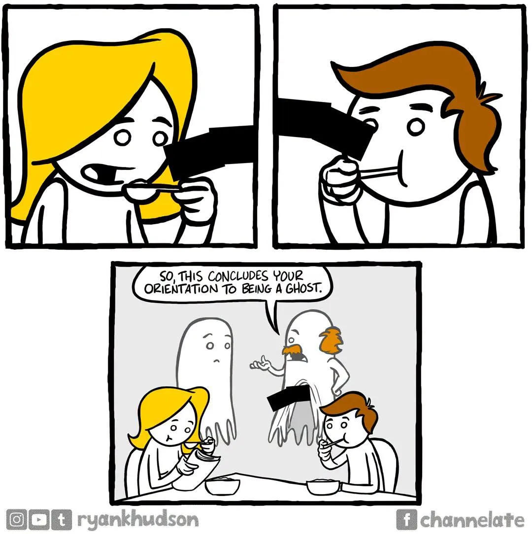 Two people eat at a table while a ghostly figure explains that the meal concludes an orientation to being a ghost.