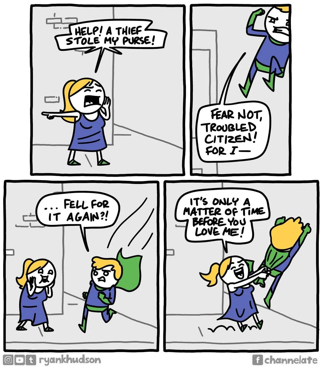 A woman calls for help after a purse theft; a superhero arrives awkwardly, and the punchline turns the rescue into an affectionate embrace.