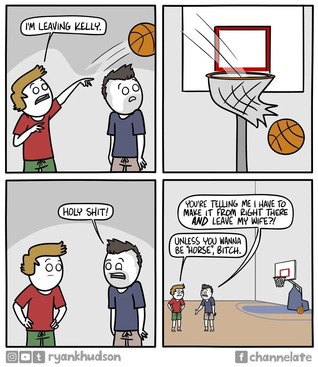 Two basketball players react to a ball passing through the hoop as their conversation turns into an absurd argument about leaving Kelly.