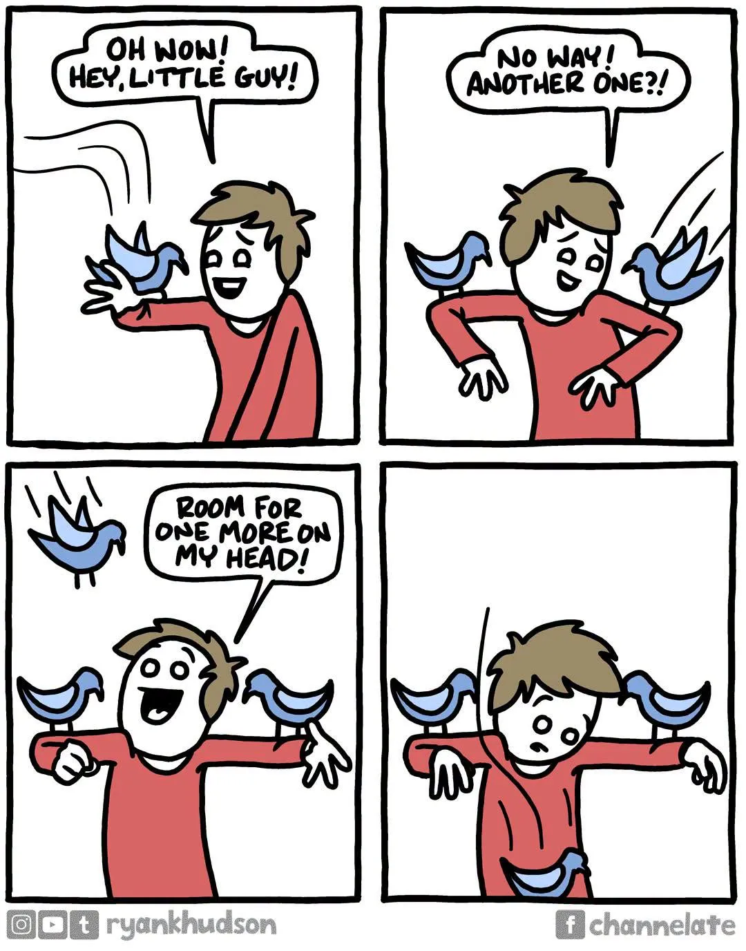 A man welcomes birds landing on his arms and head, but the gag ends as another bird settles somewhere unexpected.