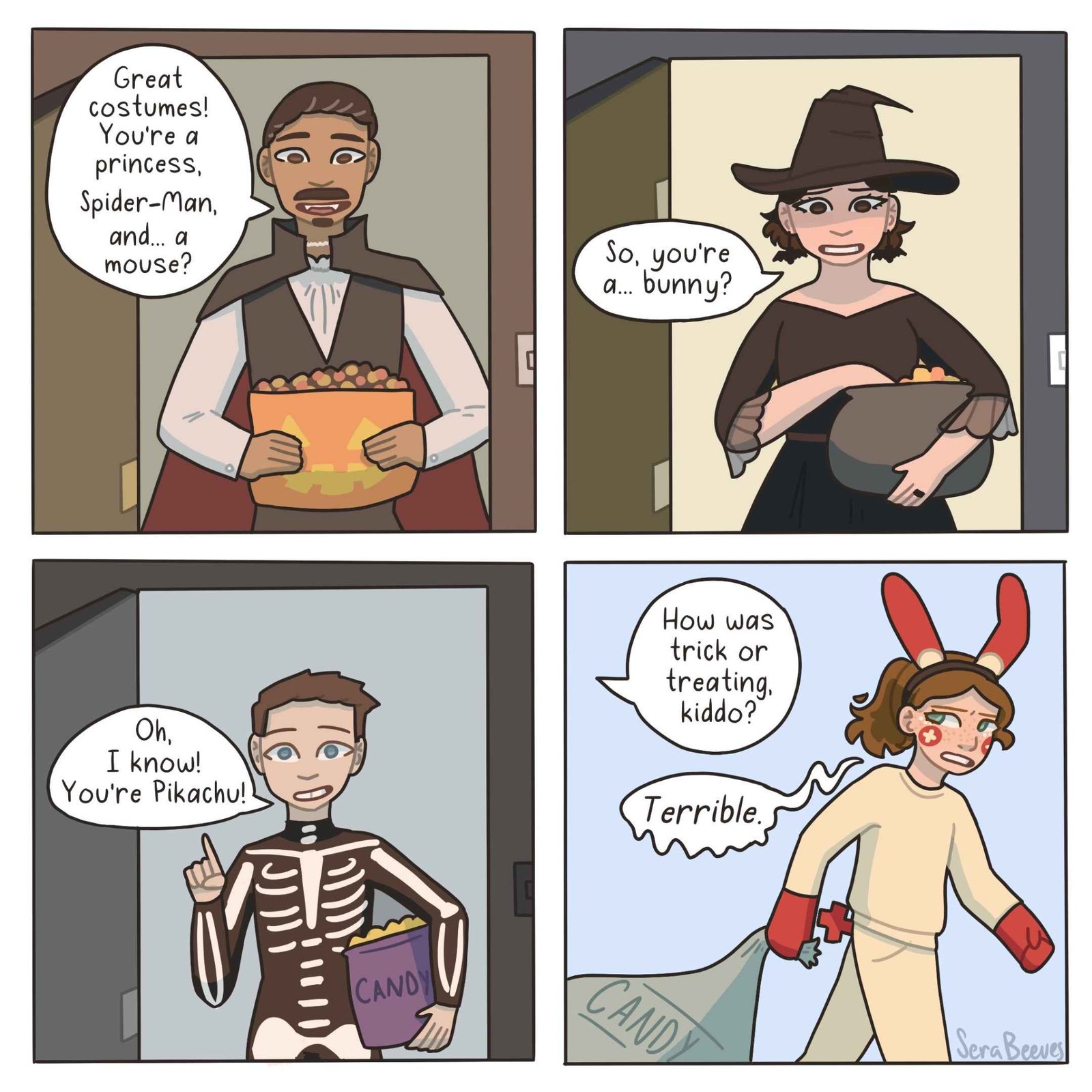 An adult comments on several trick-or-treat costumes, incorrectly guessing a child’s outfit before asking whether another costume is a bunny; the child later says the experience was terrible.