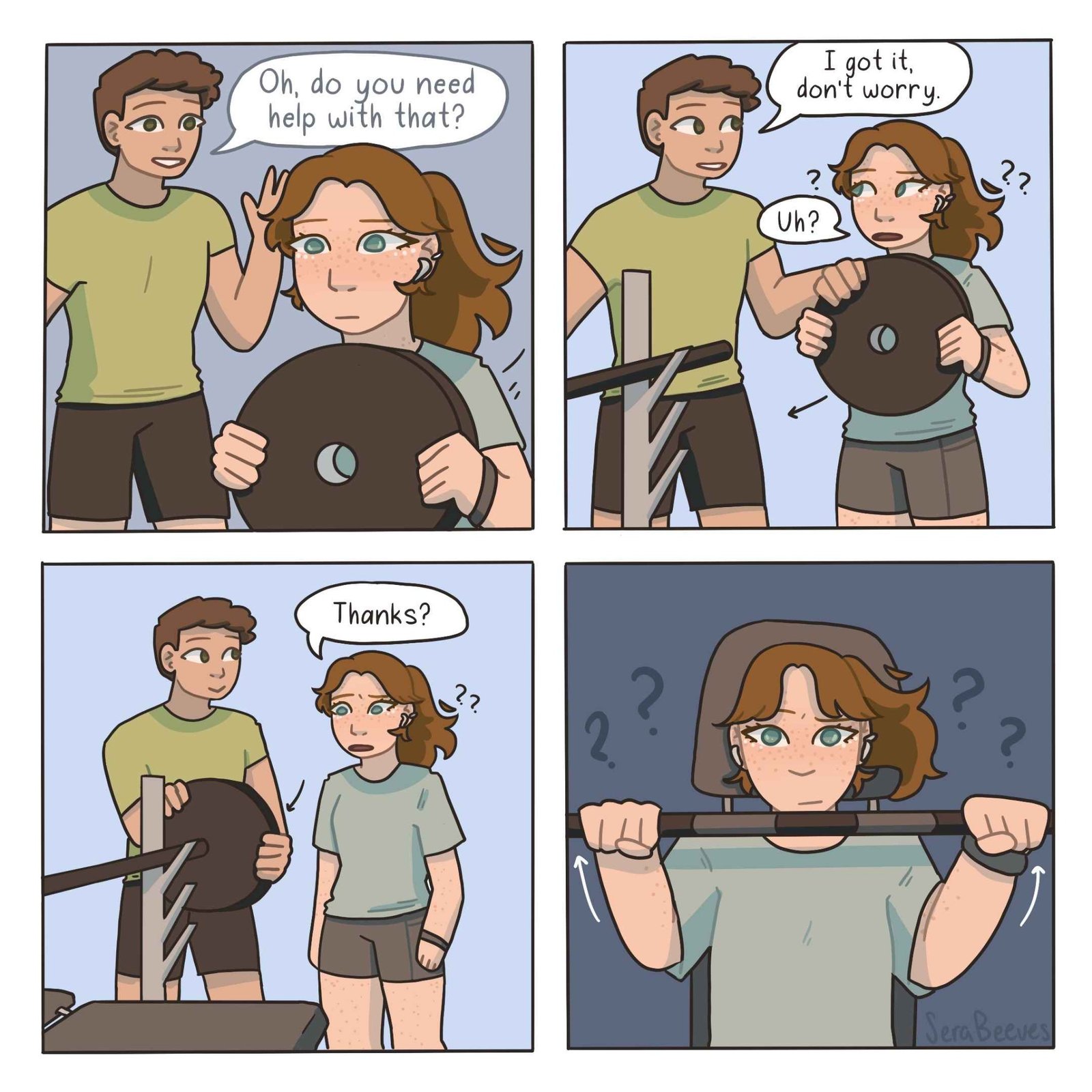 At the gym, a man offers to help a woman with a weight plate, takes it from her, and leaves her confused about what she was meant to do next.