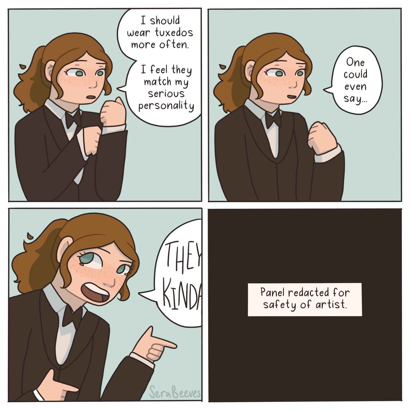 A woman says tuxedos match her serious personality and begins making a suggestive joke, while the last panel is redacted with a note that it was hidden for the artist’s safety.
