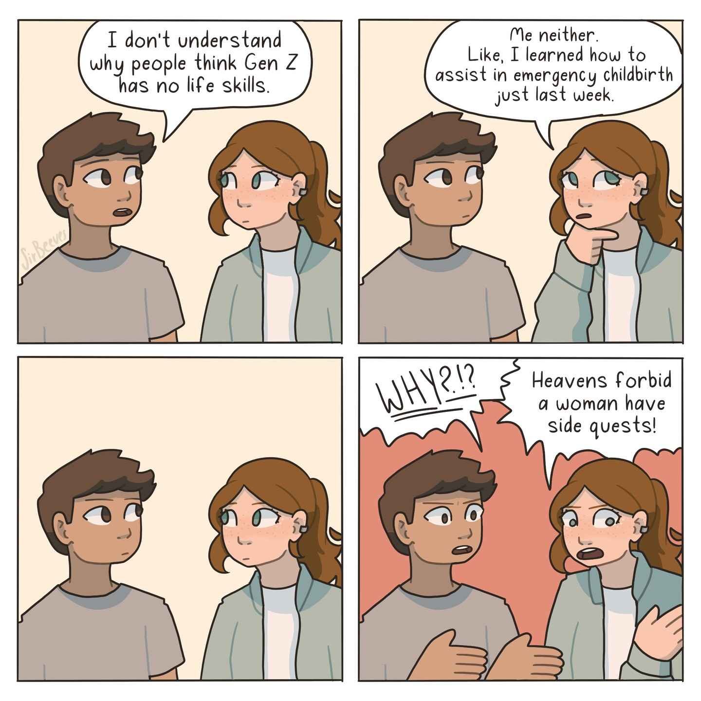 Two people discuss whether Gen Z has life skills, and a woman explains she recently learned how to assist in an emergency childbirth, prompting an incredulous reaction.