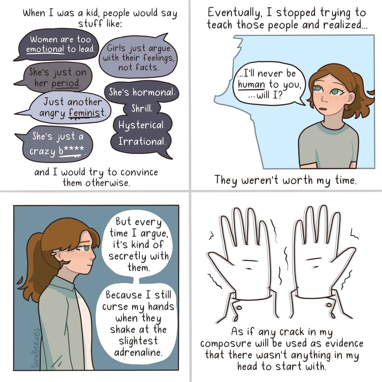 A four-panel comic shows a woman recalling dismissive stereotypes about women being emotional, then reflecting on how arguments make her hands shake from adrenaline.