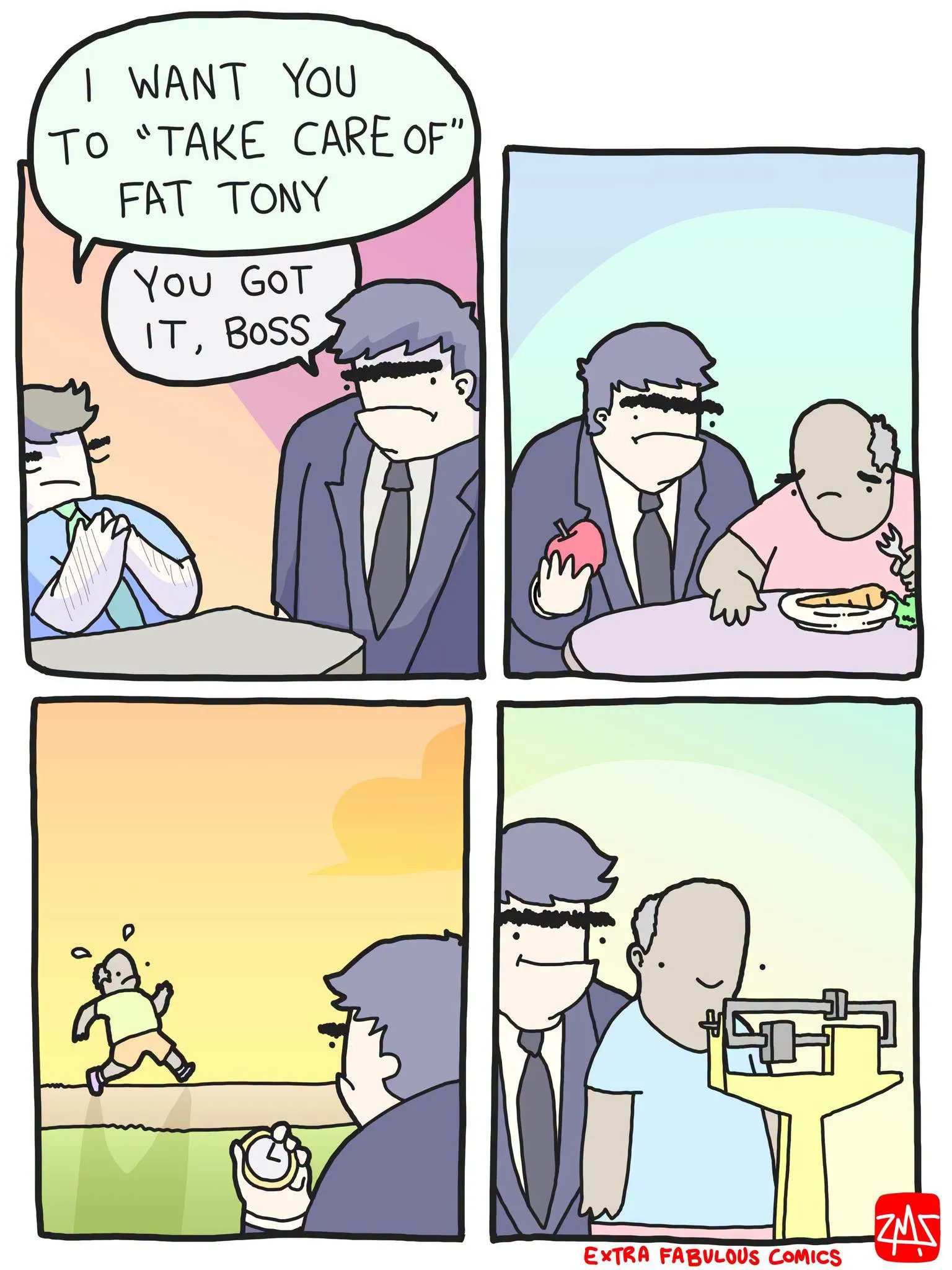 Four-panel Extra Fabulous comic in which a suited man is assigned to care for Fat Tony, then follows him as he runs before a weigh-in.