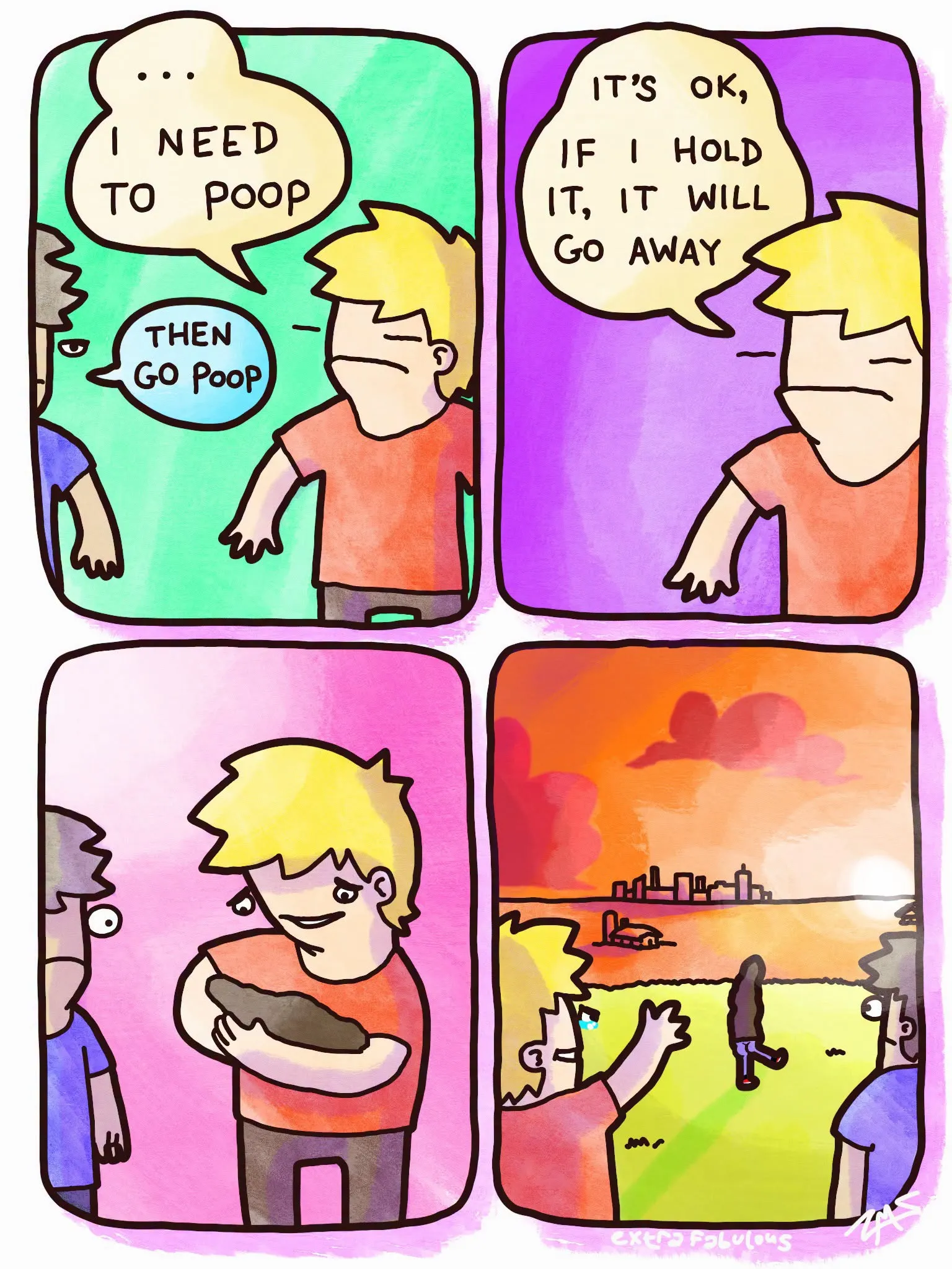 Four-panel comic about a blond boy who says he needs to use the bathroom, decides to hold it, and ends with a strange farewell gesture outdoors.