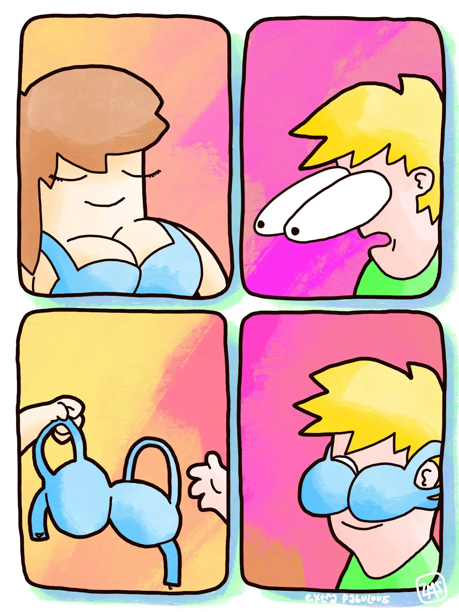 Four-panel comic showing a woman in a blue bra and a blond character reacting with exaggerated eyes before trying the bra on over his face.