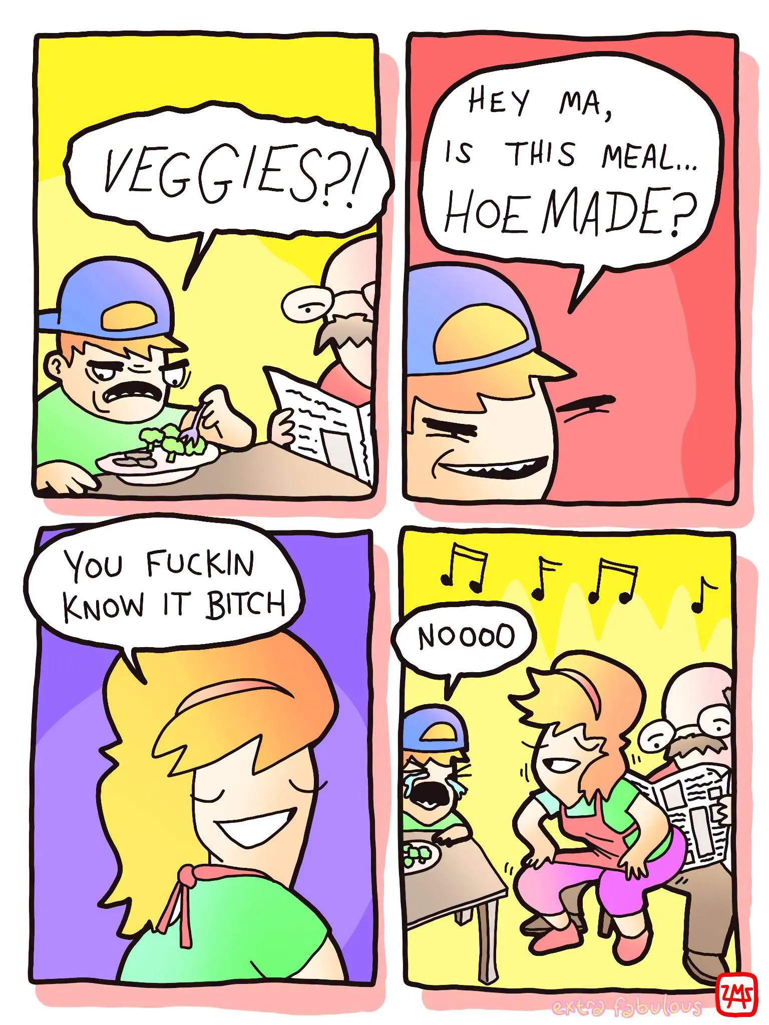Four-panel family comic where a boy asks whether his meal is homemade, gets a cheeky answer from his mother, and the scene turns into a dance gag.