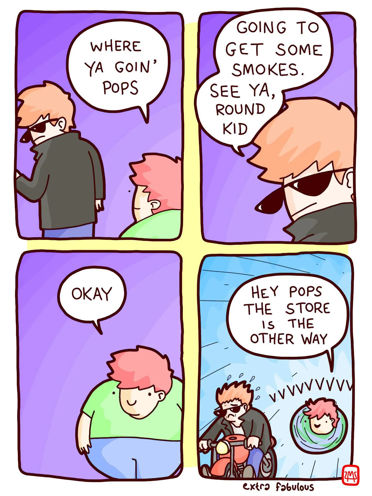 Four-panel comic about a father leaving to get cigarettes while his child takes him literally and points him toward the store, leading to a frantic chase.