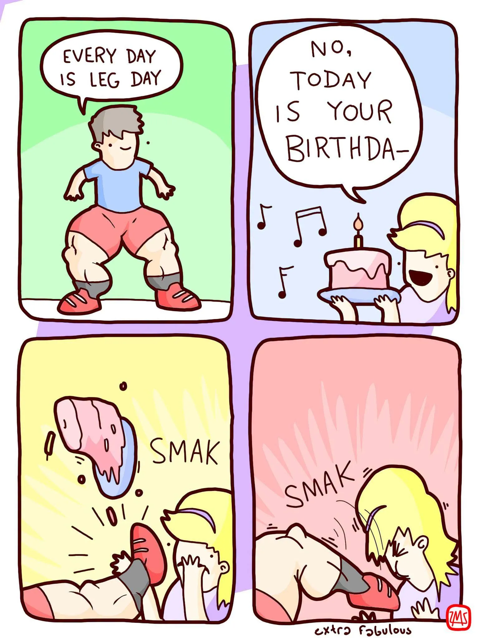 Four-panel comic contrasts a gym-style 'leg day' boast with a birthday cake, ending in a slapstick mishap involving the cake and a muscular person.