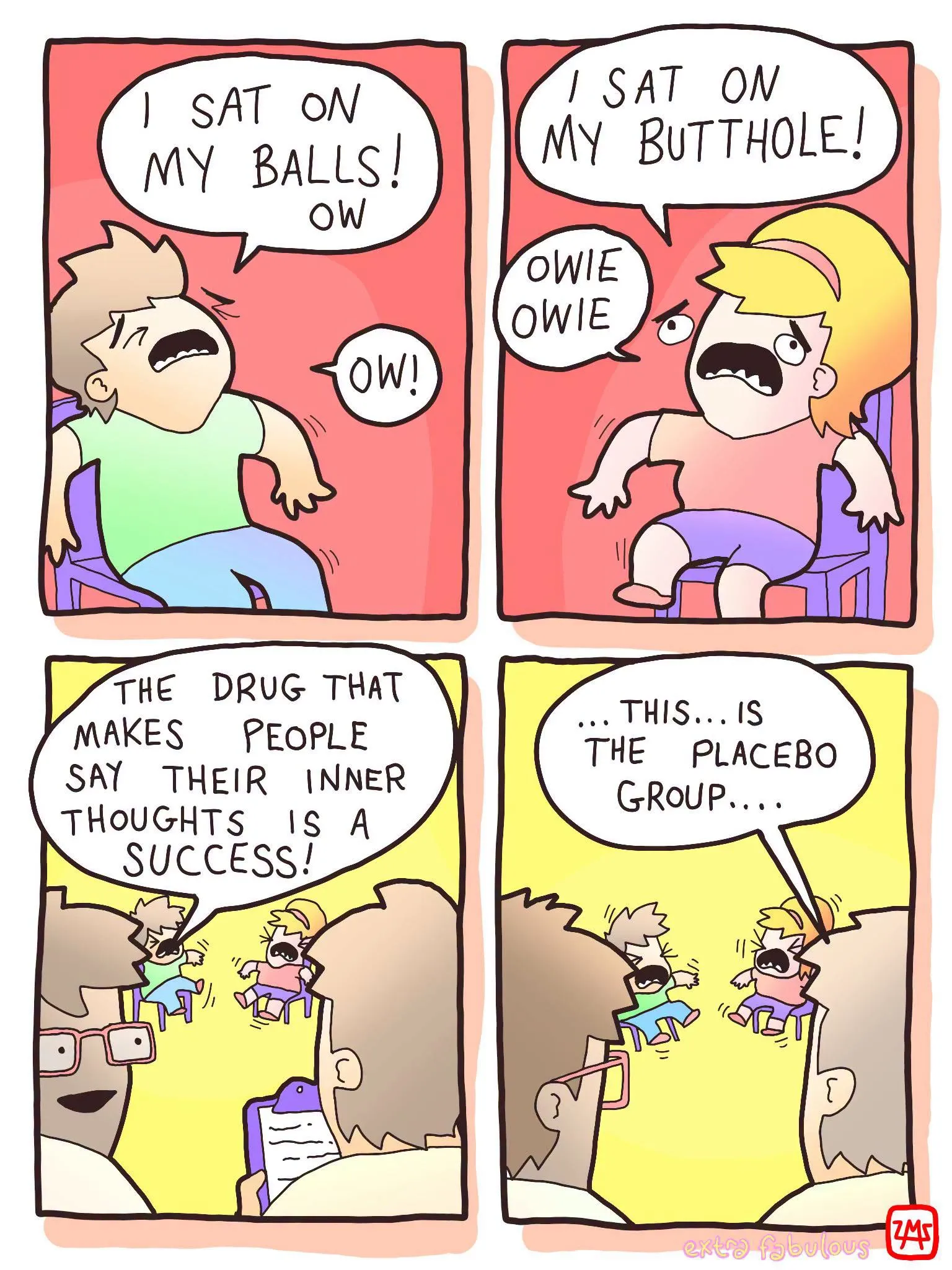 Four-panel comic shows two participants reacting painfully in a study before a researcher explains that the drug is a placebo and the participants are voicing their thoughts.