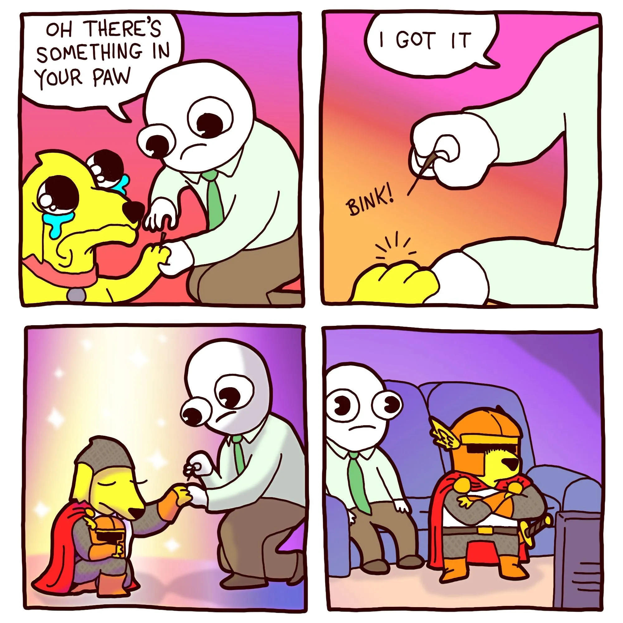 Four-panel fantasy comic where a large-eyed character removes something from a yellow creature's paw, leading to an exaggerated heroic transformation and a superhero-like figure sitting proudly.