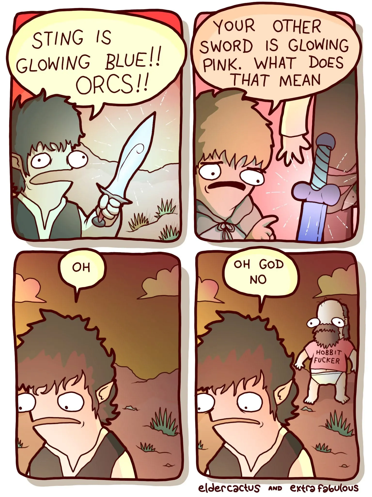 Four-panel fantasy parody in which one sword glows blue and another pink, prompting alarm before the final panel reveals a character wearing a crude joke shirt.
