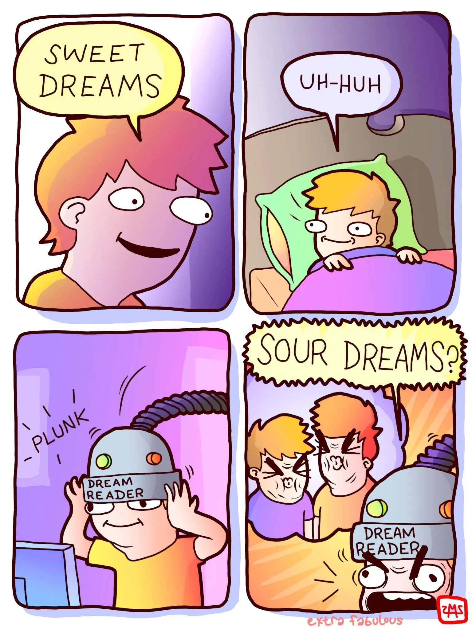Four-panel comic about a dream-reading device that promises pleasant dreams, then produces a disconcerting result as two characters share a kiss.