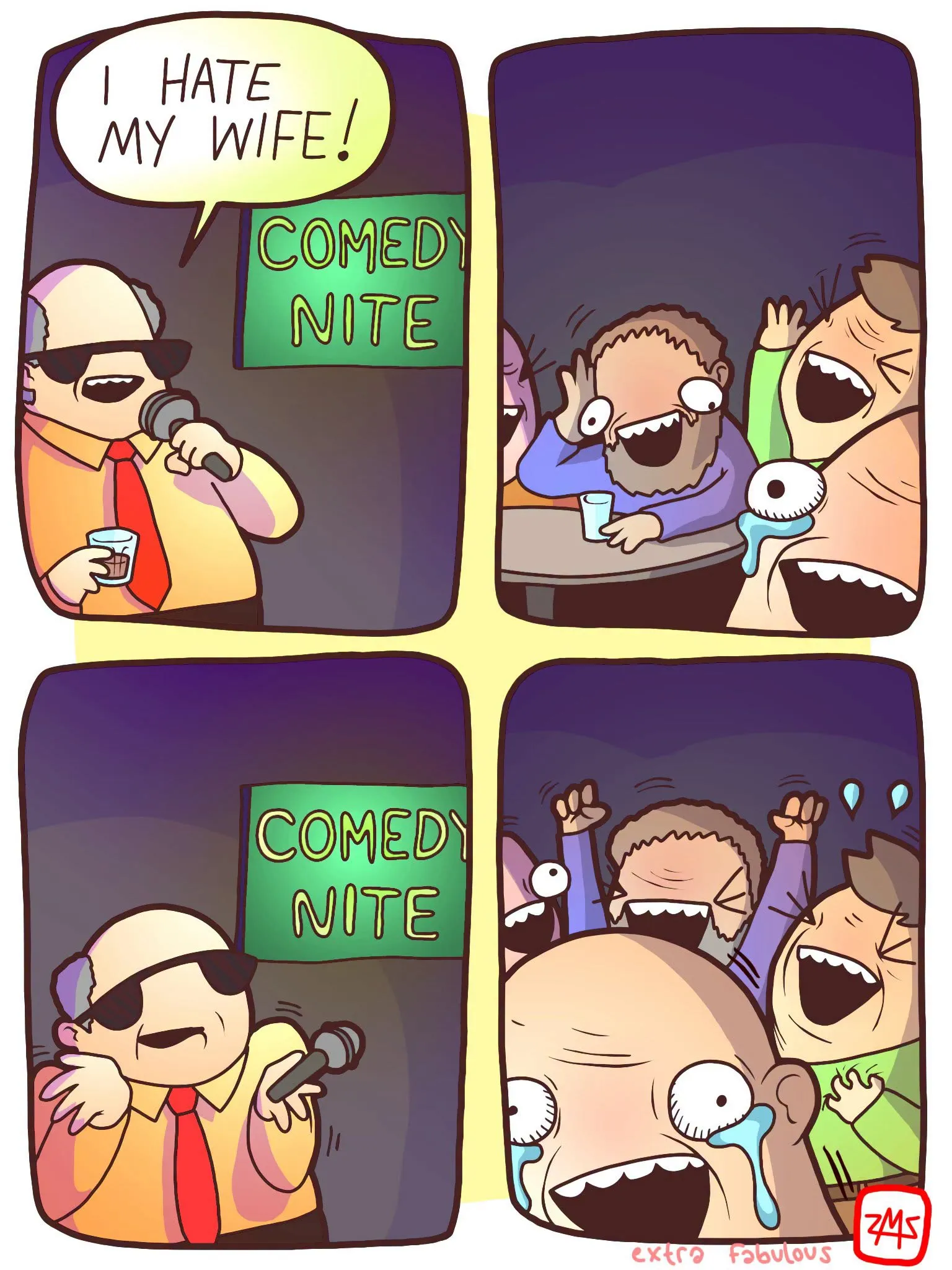 Four-panel comedy-club comic shows a stand-up performer saying he hates his wife, while the audience laughs harder even when he delivers the line with a shrug.