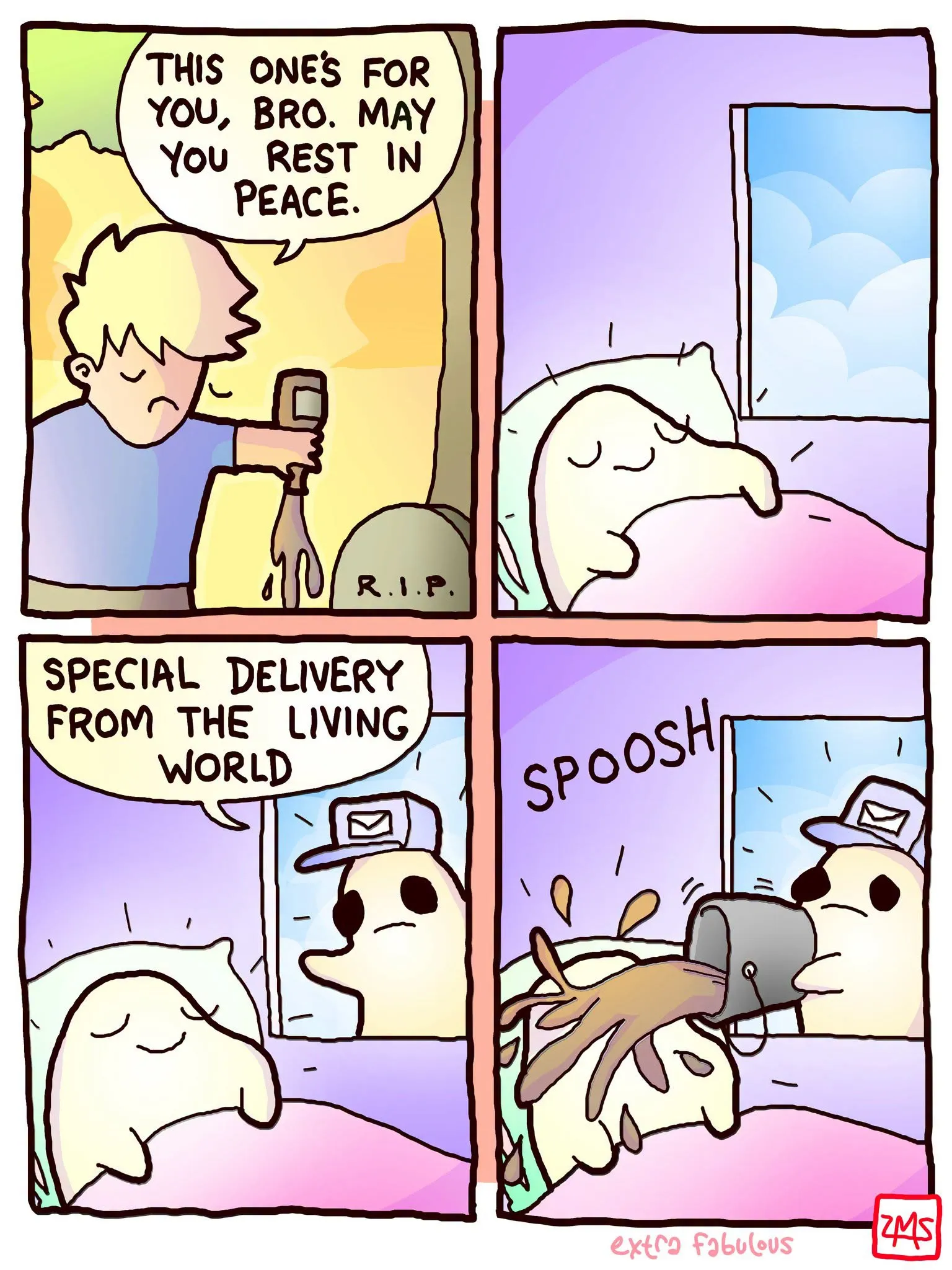 Four-panel ghost comic shows a character dedicating a gesture to a deceased friend, then a sleeping ghost receives a strange, messy delivery from the living world.