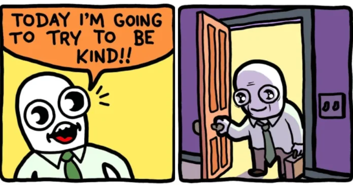 Four-panel comic about a person who enjoys scrolling on a phone without moving for hours, while another character grows anxious about admitting the same habit.