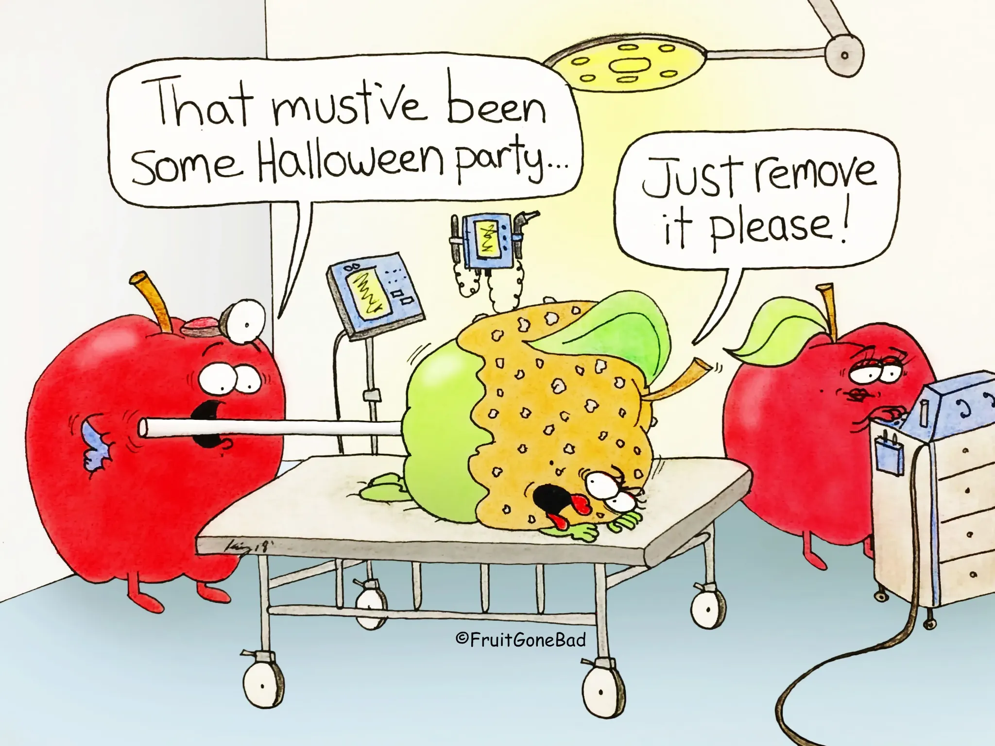Fruit Gone Bad comic #2: apples look on as a battered fruit is treated after a Halloween party.