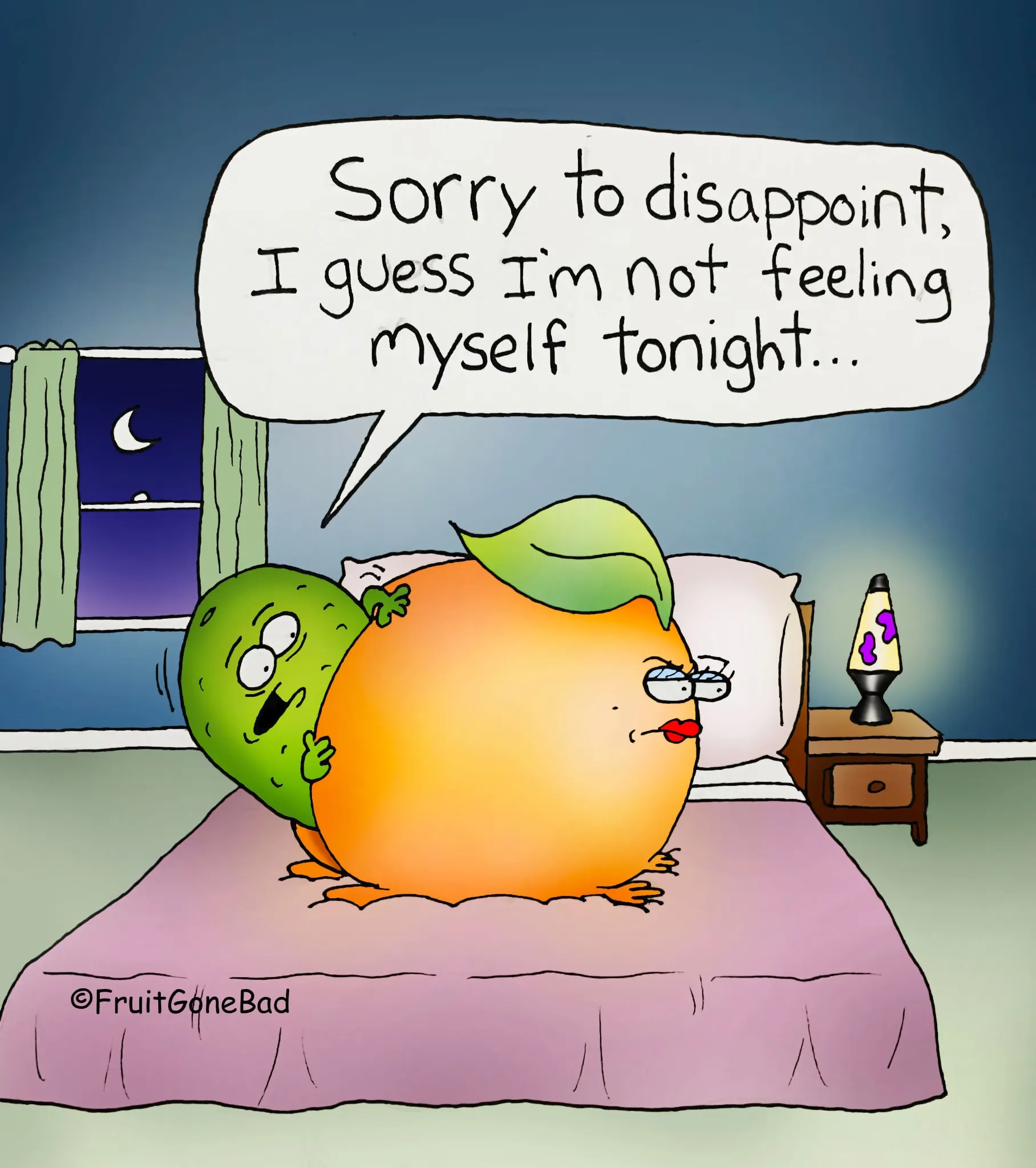 Fruit Gone Bad comic #3: an orange and a green fruit share a bed as one says she is not feeling herself tonight.