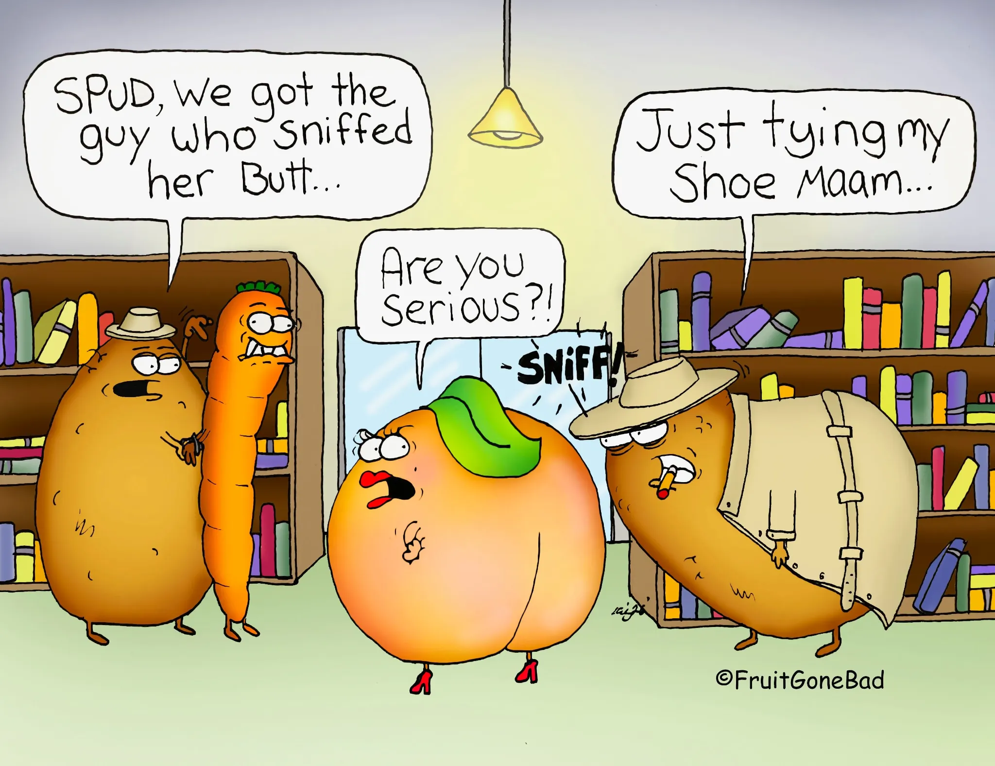 Fruit Gone Bad comic #4: food characters confront a peach detective suspect after a strange shoe-sniffing accusation.