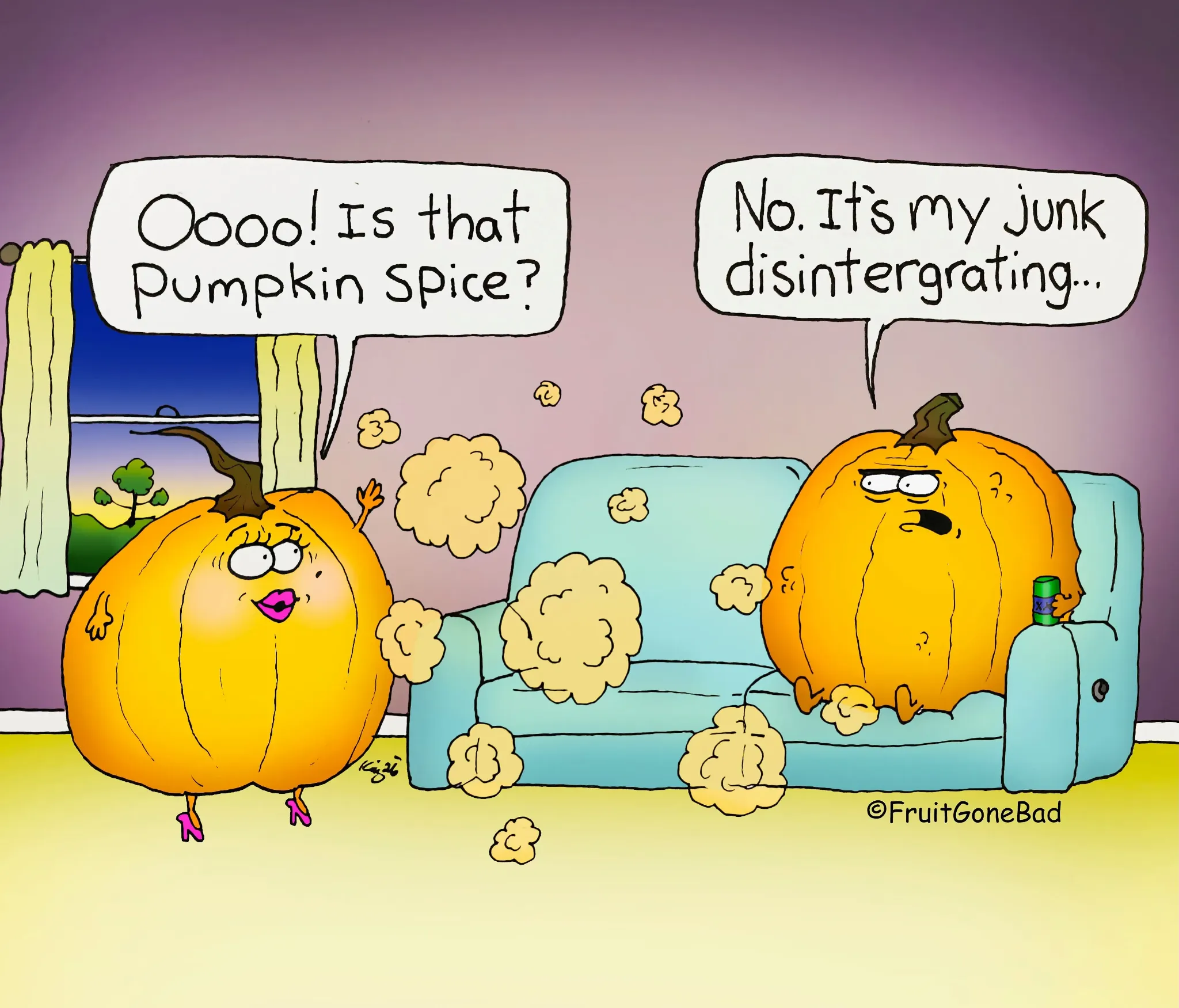 Fruit Gone Bad comic #7: two pumpkins discuss pumpkin spice as one pumpkin visibly falls apart on a couch.